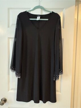 Black V-Neck Dress with Embellished Pearl Sleeve